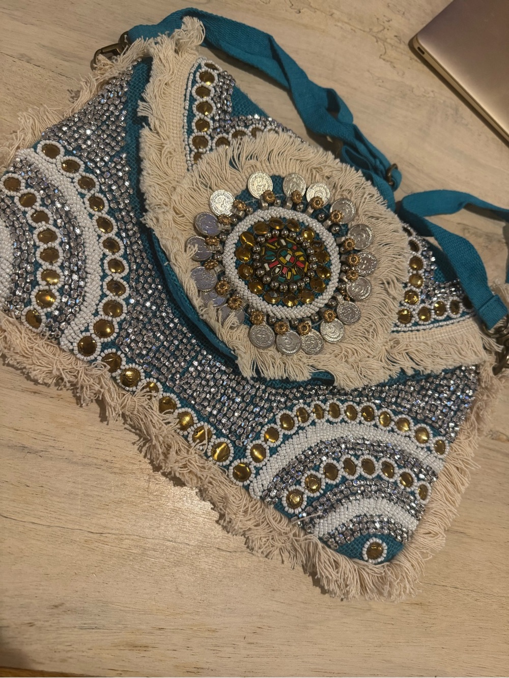 Embellished Teal and Cream Boho Fringe Clutch/Crossbody Bag - Decorative Accent
